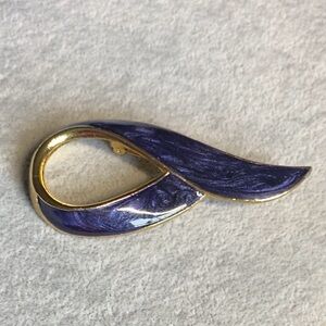 VTG Blue Enamel & Gold Tone Ribbon Swoop Brooch Pin